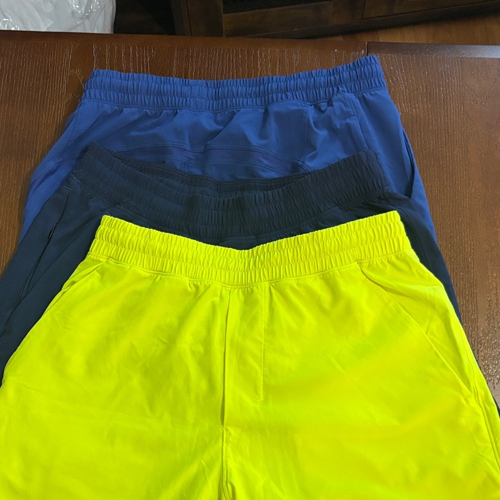 lululemon athletica Three-Pack Pull-On Shorts — Neon Yellow, Navy, Black